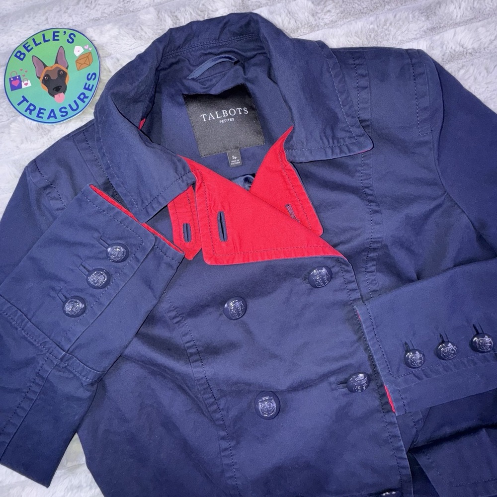 Talbots Petite Small Navy Double Breasted Pea Coat Jacket Blazer Anchor Buttons